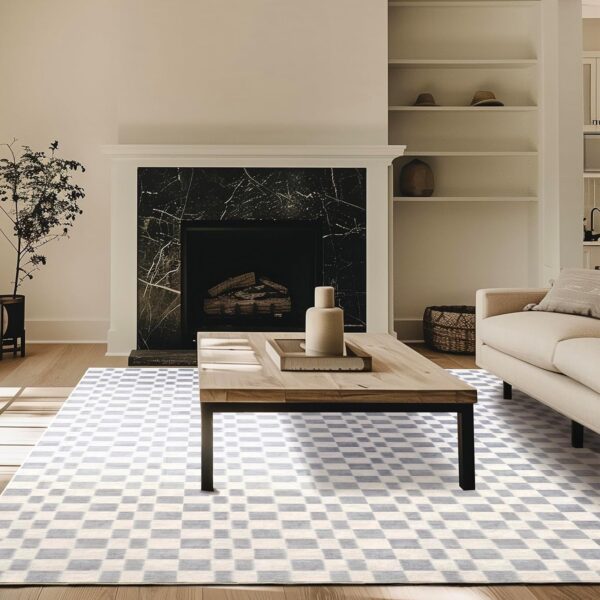 Checkered Plaid Area Rug 9x12, Soft Fuzzy Faux Wool Rugs Washable Anti Slip Rugs Large Rug Carpet for Entryway Bedroom Living Room Hallway Kitchen Dining Room and Laundry Room, Light Gray - Image 2