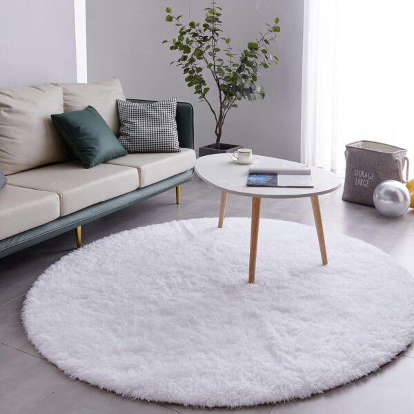 White Round Rug Ultra-Soft Plush Modern 5x5 Circle Area Rug for Kid's Bedroom, Fluffy  Circular Rug for Nursery Room, Non-Slip Home Decor Cute White Carpet for Teen's Room - Image 2