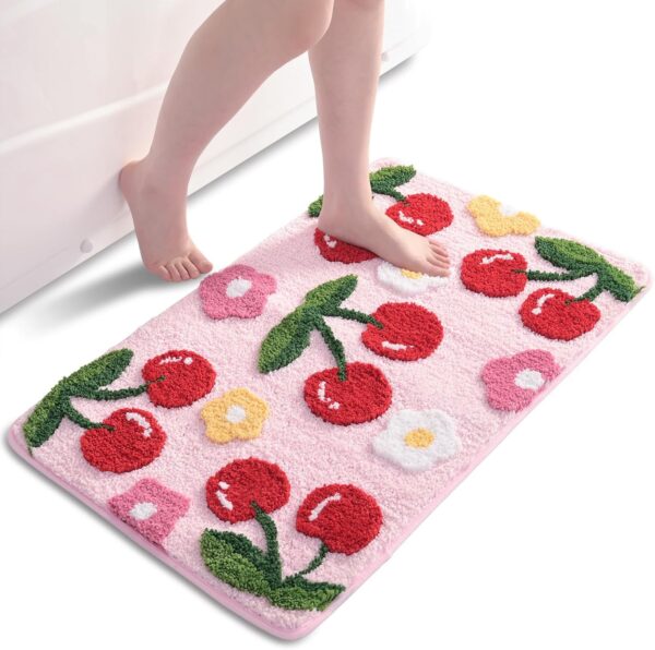 Pink Bathroom Rugs Cute Cherry Bath Mat Coloful Bathroom Accessories, Funny Flower Rug Non Slip Floor Mat, Machine Washable Bath Rug Soft Microfiber Carpet for Shower, Tub (18x26 inch)