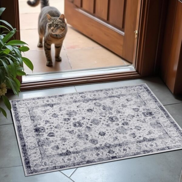 Washable Area Rugs 2x3 Door Mat Entryway Vintage Floral Non-Slip Low Pile Entrance Thin Rug Carpet for Kitchen Bathroom Living Room Grey