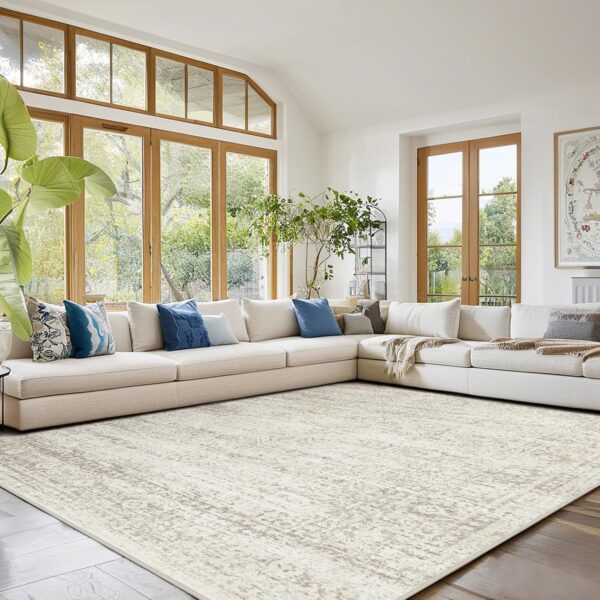 Washable Rugs 9x12 Area Rugs for Living Room,Rugs for Bedroom, Large Carpets,Ultra Soft Faux Wool Retro Dining Room Rug,Non Slip&Non-Shedding Low Pile Vintage Print Rug Indoor for Home Office