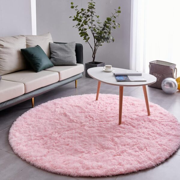 Pink Round Rug Ultra-Soft Plush Modern 5x5 Circle Area Rug for Kid's Bedroom, Fluffy  Circular Rug for Nursery Room, Non-Slip Home Decor Cute Pink Carpet for Teen's Room - Image 2
