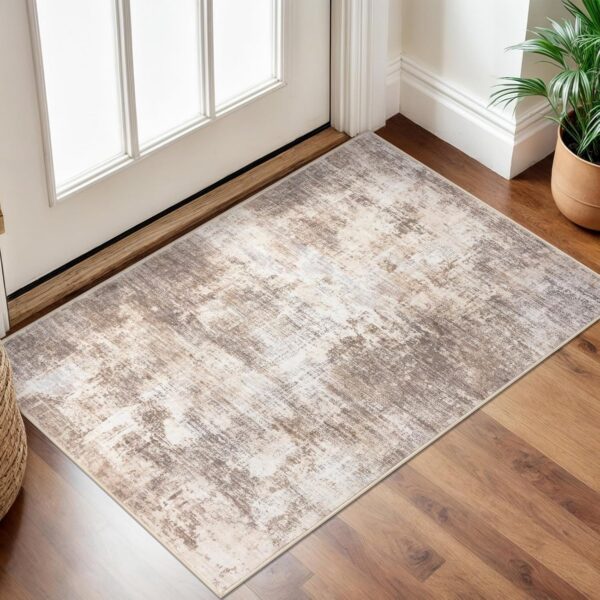 Small Abstract Area Rug 2x3 Ft Entryway Rugs Washable Door Mat Indoor Entrance, Rubber Backed Throw Rugs, Printed Faux Wool Non Slip Floor Carpet for Foyer Front Door Sink, Beige Brown
