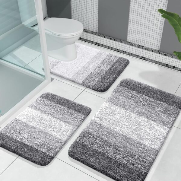 Bathroom Rugs Sets 3 Piece, Soft Absorbent Microfiber Bath Mats and U-Shaped Contour Toilet Rug, Plush gy Bath Mat Set for Bathroom (30"x20"+24"x16"+24"x20", Grey)
