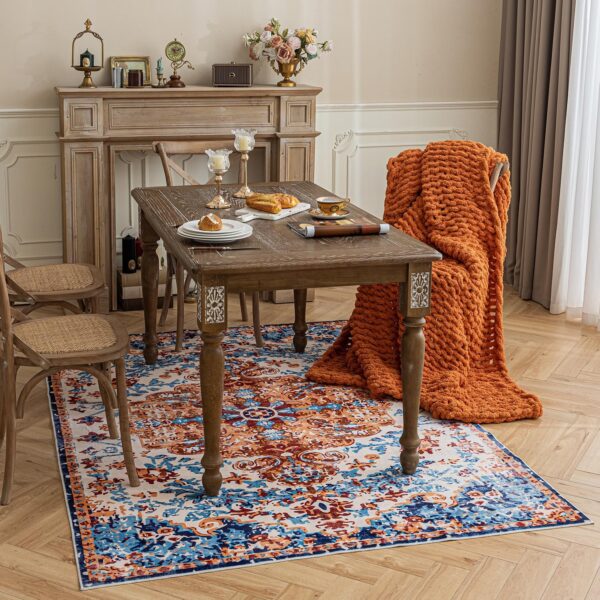2'6"x8' Boho Runner Rug - Non Skid Washable Low Pile Hallway Carpet, Non-Shedding Persian Style Rug for Kitchen & Entryway, Fiery Red Multi Distressed Print, Foldable - Image 2