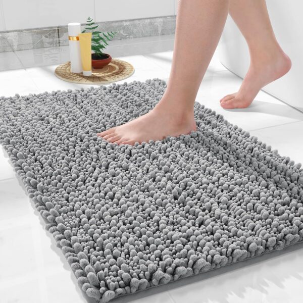 Bathroom Rug Mat 24 x 17, Extra Soft Non Slip Absorbent Water Bath Rug, Quick Dry Machine Washable Chenille gy Shower Mat, Bath Mat for Bathroom Floor, Home Decor Accessories, Grey