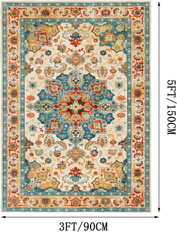 Boho Area Rug 3x5 Washable Rug Non-Slip Entryway Rug Vintage Soft Indoor  Rugs for Entrance Living Room Bedroom Bedside Kitchen Office Carpet, Red-Blue - Image 2