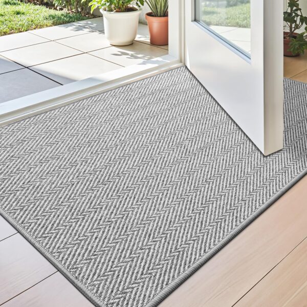 Ultra Thin Indoor Door Mat for Entrance 17"x30", Non Slip Entryway Mat, Low Profile Doormat, Unique Herringbone Design Carpet for Inside, Patio, Porch, Gray