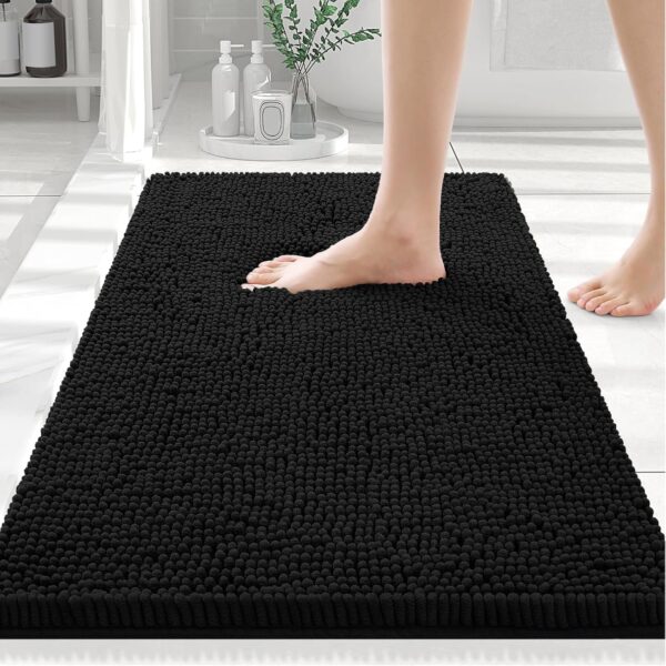 Luxury Chenille Bathroom Rugs 30x20, Extra Soft and Absorbent gy Bath Mat, Machine Washable, Non-Slip Plush Carpet Runner for Tub, Shower, and Floor, Home Decor Accessories, Black