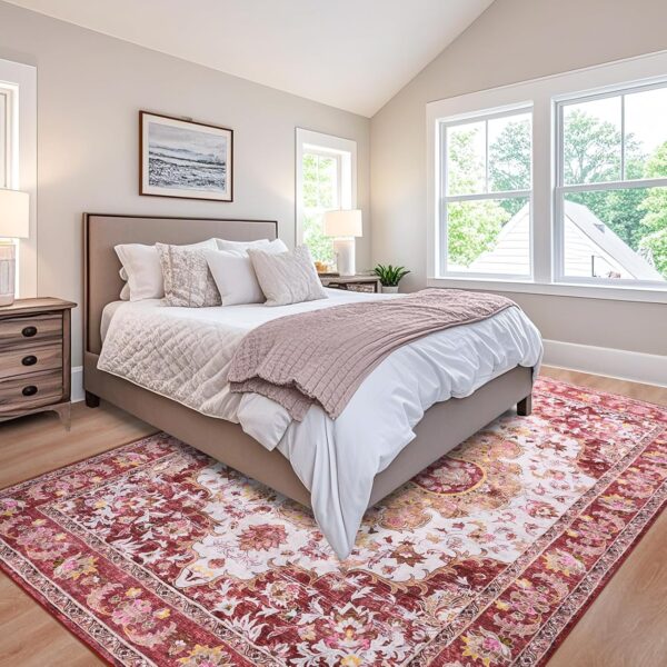 4x6 Area Rugs for Living Room, Foldable Machine Washable Rug, Soft Low Pile Non-Slip Vintage Floral Rug, Carpet for Bedroom, Dining Room, Bedside, Farmhouse, Office, Dorm (Red, 4'×6') - Image 2