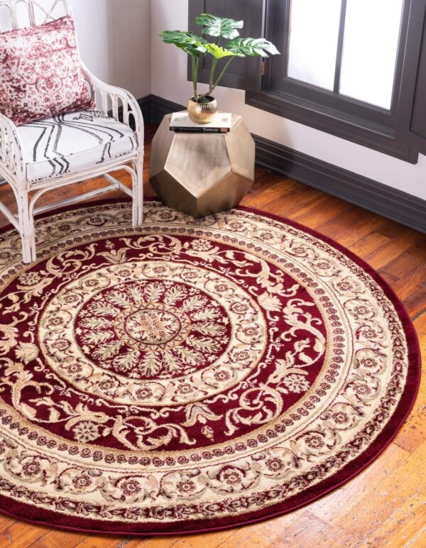 Traditional Classic Medallion Floral Motif Area Rug (6' 0 x 6' 0 Round, Burgundy/ Ivory)