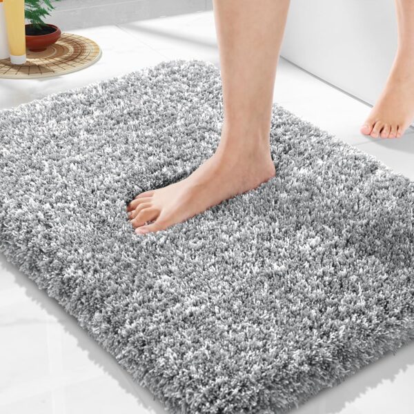 Bathroom Rugs Non Slip Washable 24x17, Ultra Soft and Water Absorbent Bath Mats, Plush Fluffy Shower Mat Outside, Microfiber Thick Matts for Bathroom Floor/Sink, Light Gray and White