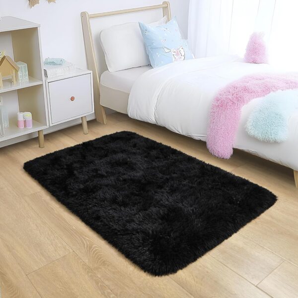 Washable, Non-Slip Area Rug, Small Fluffy Area Rugs gy Living Room Rug Soft Fuzzy  Carpet Bedside Rug Floor Mat for Nursery Bedroom Home Bedroom Aesthetic, 2x3 Feet,Black - Image 2