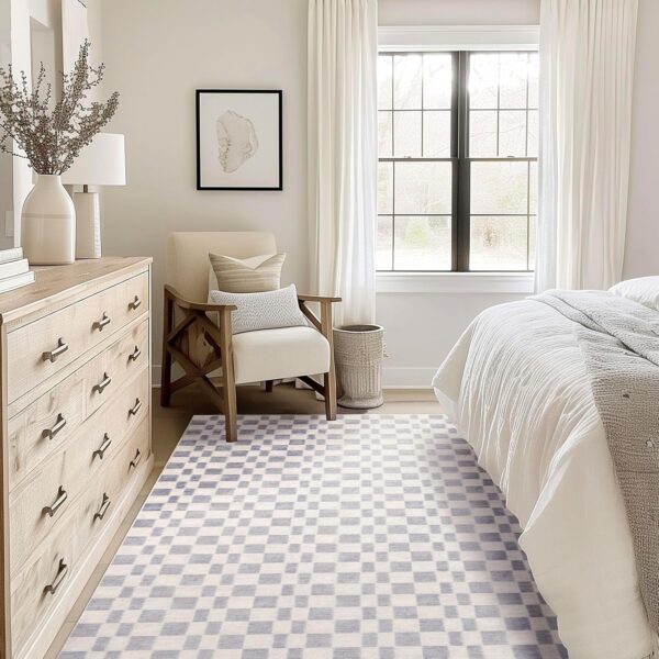 Checkered Plaid Area Rug 9x12, Soft Fuzzy Faux Wool Rugs Washable Anti Slip Rugs Large Rug Carpet for Entryway Bedroom Living Room Hallway Kitchen Dining Room and Laundry Room, Light Gray