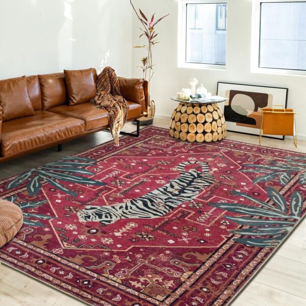 Tribal Rugs Summer Tropical 4x6 Area Rugs Wine Red Traditional Boho Vintage Oriental Rug Carpet for Bedroom Kitchen Dining Living Room Indoor Entryway Washable - Image 2