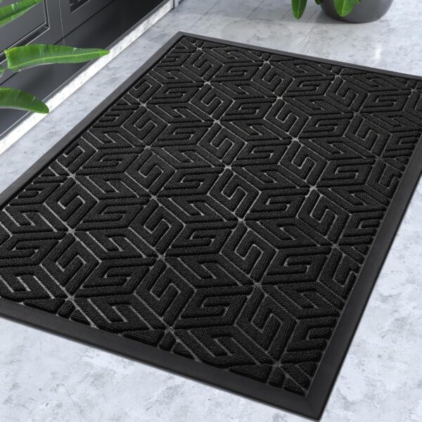 Front Door Mat Outside Entrance 17x29.5, Waterproof All-Season Weather Doormat, Stain and Fade Resistant, Indoor Outdoor Entryway Welcome Mat, Non Slip Natural Rubber, Easy Clean Patio, Black