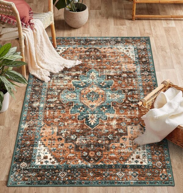 Ultra-Thin Washable Vintage Area Rug - 3x5 Boho Non-Slip Entryway Rug Oriental Medallion Living Room Rug Entrance Mat Carpet for Kitchen Laundry Bathroom Bedroom, Brick Red/Dull Teal