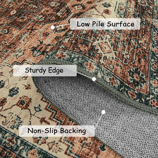 Ultra-Thin Washable Vintage Area Rug - 3x5 Boho Non-Slip Entryway Rug Oriental Medallion Living Room Rug Entrance Mat Carpet for Kitchen Laundry Bathroom Bedroom, Brick Red/Dull Teal - Image 2
