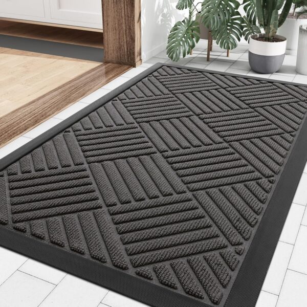 Front Door Mat Outside Entrance, Heavy Duty Outdoor Indoor Natural Rubber Doormat, Non Slip, Trap Dirt and Moisture, Easy Clean, Low Profile Patio Porch Entryway Mat, 29.5x17, Grey